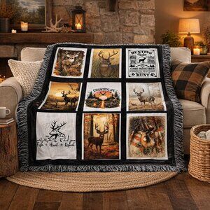 Handmade Hunting Blanket 50x60 Rustic Deer Lodge Throw Super Soft Perfect Gift